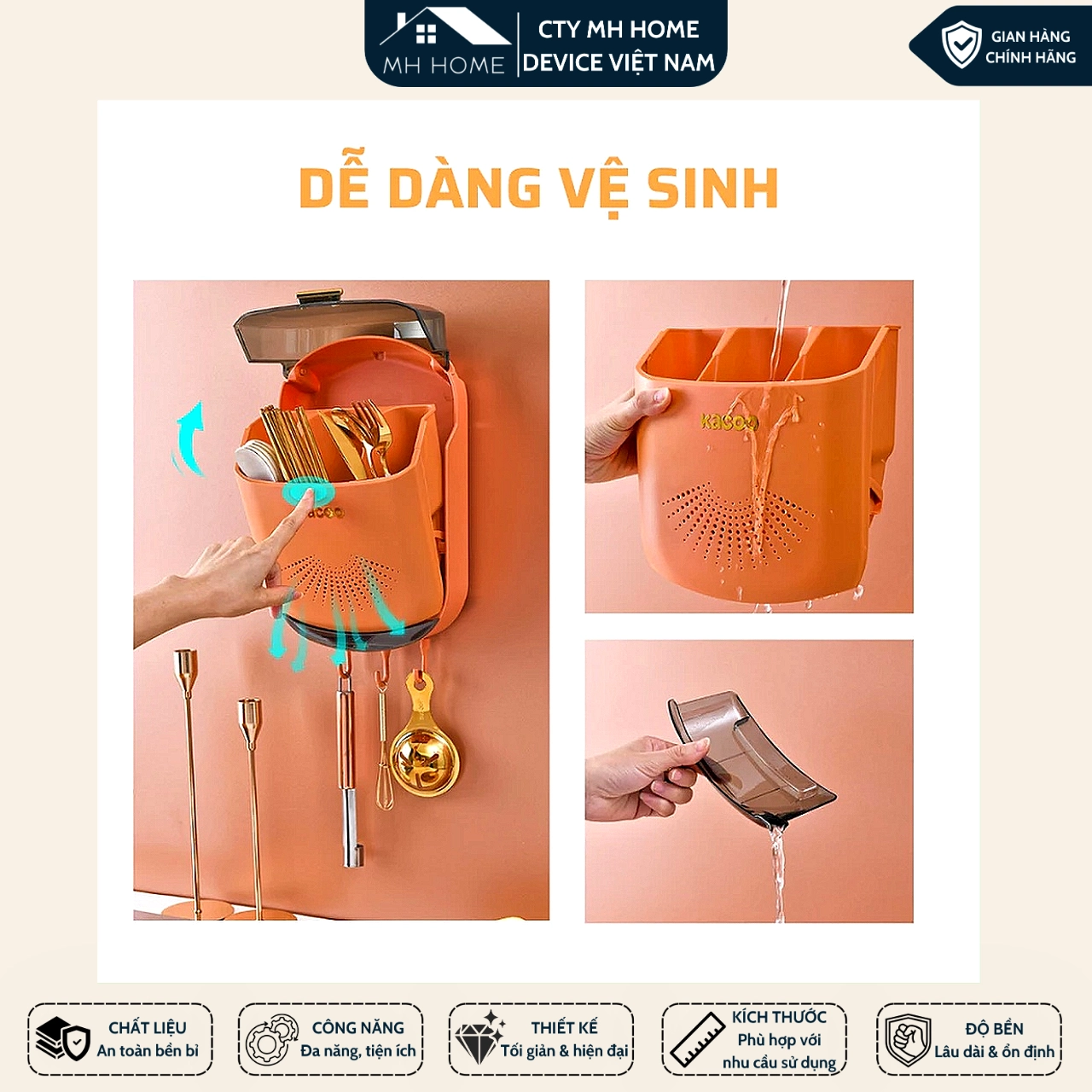 Ống Đũa Treo Tường Màu Kem Có Nắp Đậy Chống Bụi - Hộp Đựng Đũa Muỗng MH Home